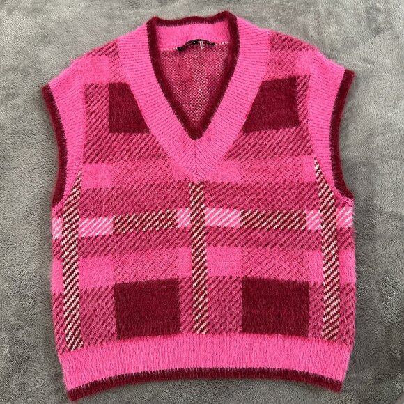 English Factory Pink Plaid Fuzzy Sweater Vest Women's SMALL Preppy Academia - Picture 1 of 5
